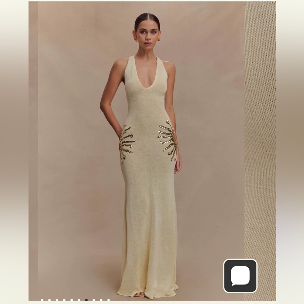 Meshki Cream Knit Maxi Dress with Sequin Sunburst Accents